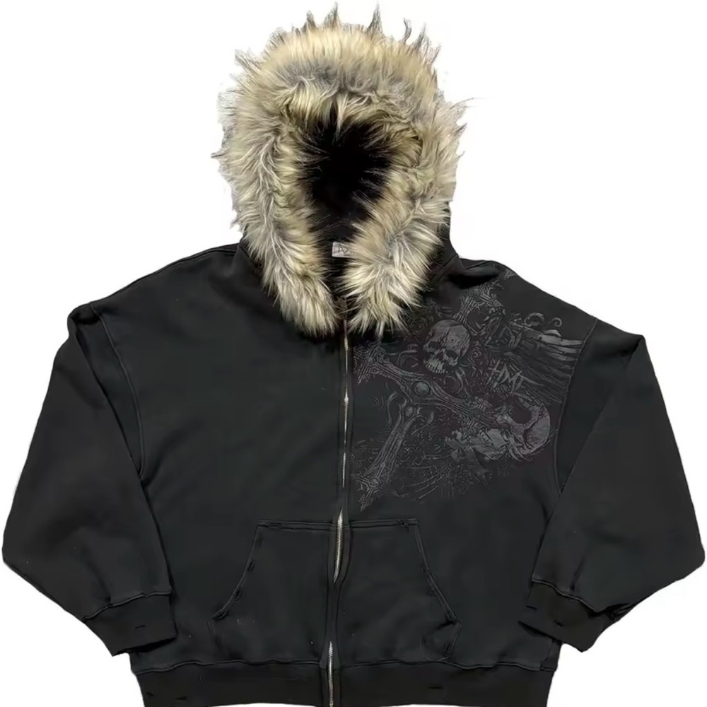 Yeezy Black Zip Up Sweater with Fur Hood